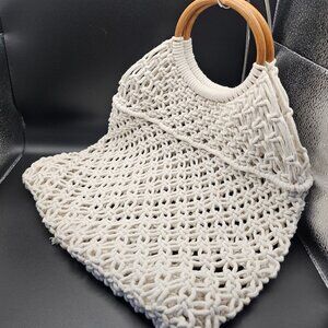 Grossi Macramé Handbag – Off-White with Wooden Handles, Boho Style